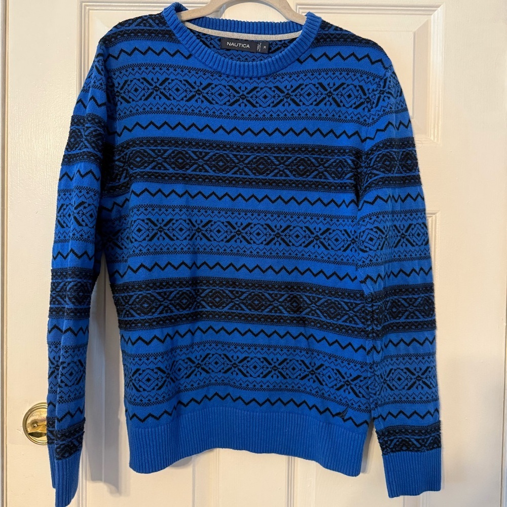 Nautica Royal Blue and Black Geometric Crewneck Sweater